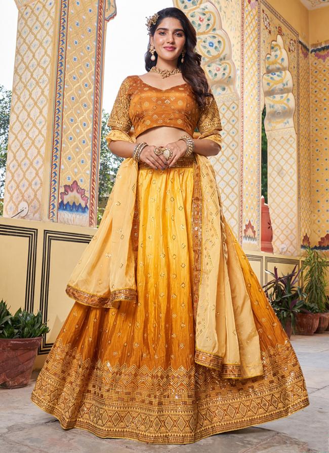 Chinnon Yellow Wedding Wear Embroidery Work Lehenga Choli